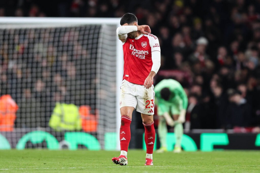 Mikel Merino of Arsenal reacts to his side conceding a goal