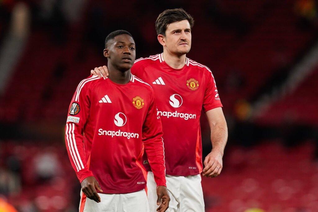 Kobbie Mainoo and Harry Maguire in action for Manchester United